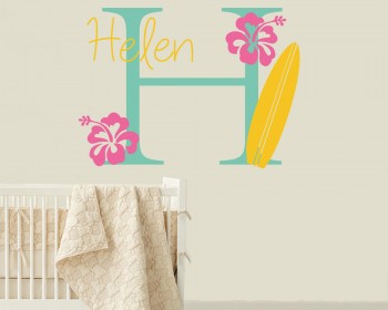 Surfboard Wall Decal with Initial & Name Surfboard Wall Decal with Initial & Name